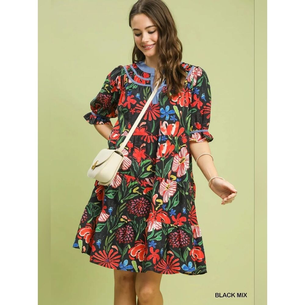 Umgee Floral Tiered Puff Sleeve Dress Floral Tiered Swing Dress - Black Mix